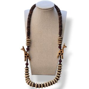 Vintage African safari animal wooden bead necklace Handpainted Giraffe Coconut